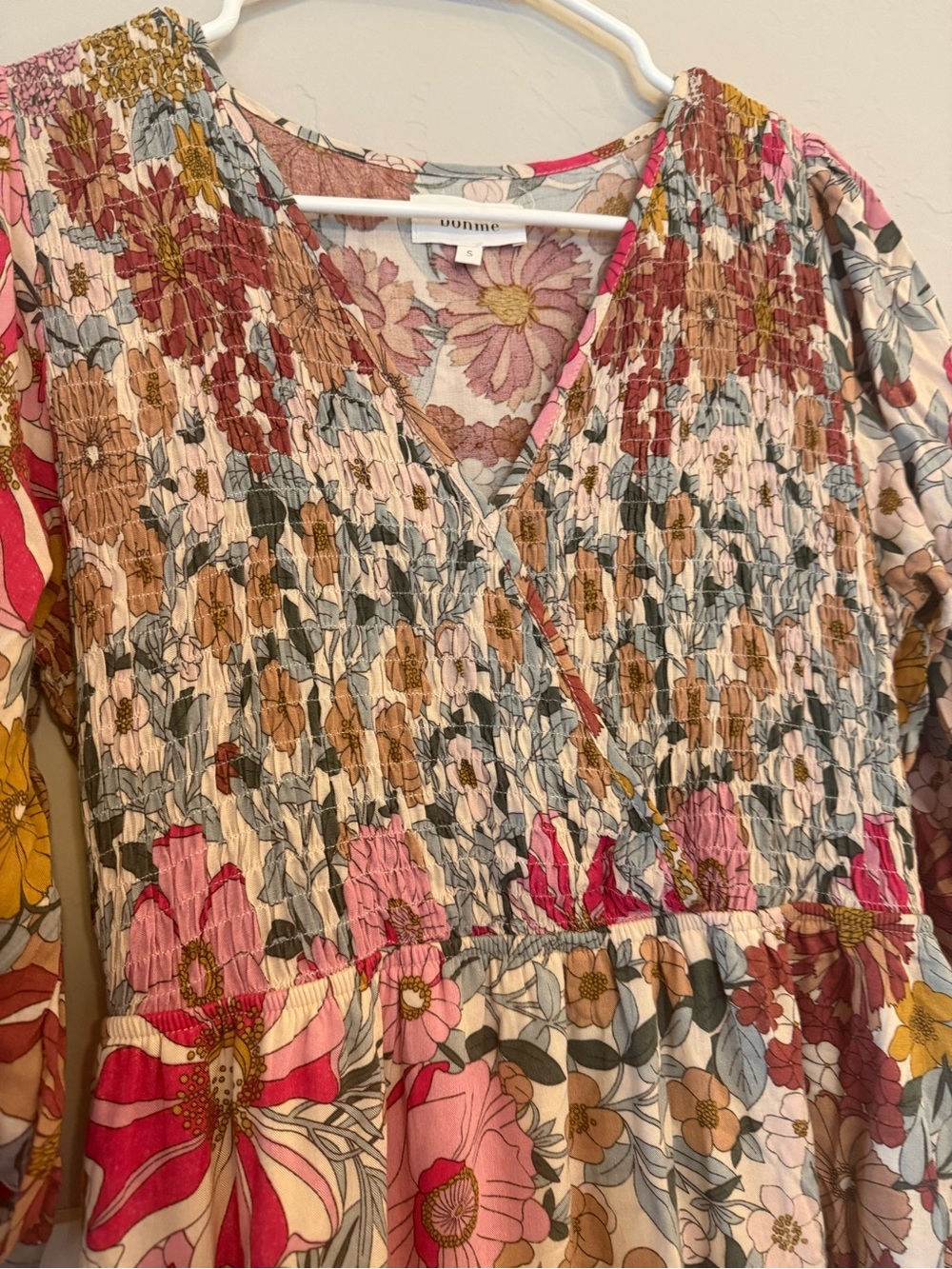 Bohme smocked bodice colorful floral maxi dress small 3/4 sleeve boho pockets - Picture 2 of 7